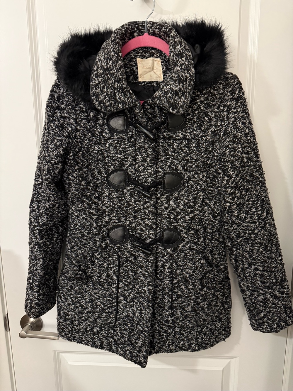 🍁 Altar'd State Black & White Tweed Toggle Pea Coat with Faux Fur Hood